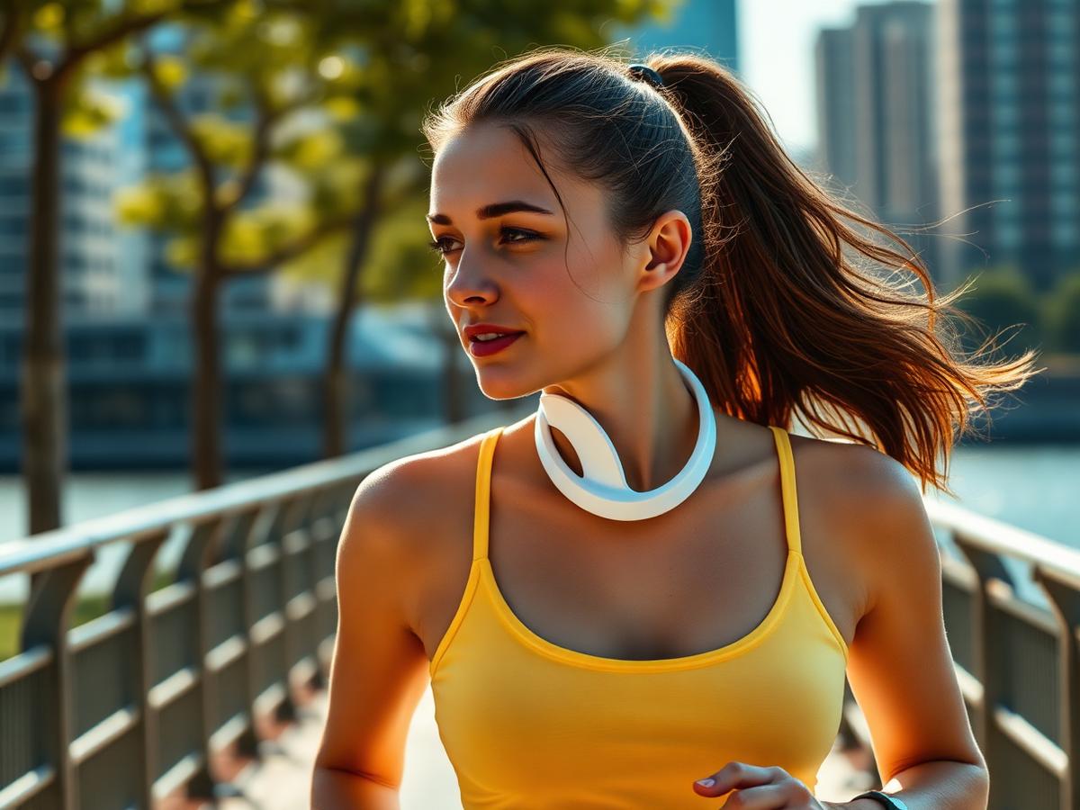 Runner wearing a white FluxoFan neck fan on a sunlit riverside path
